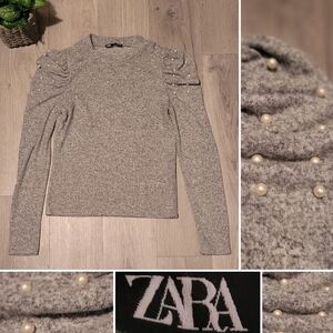 Zara Puff Sleeve Pearl Embellished Heather Gray Knit Crop Sweater, Women US S